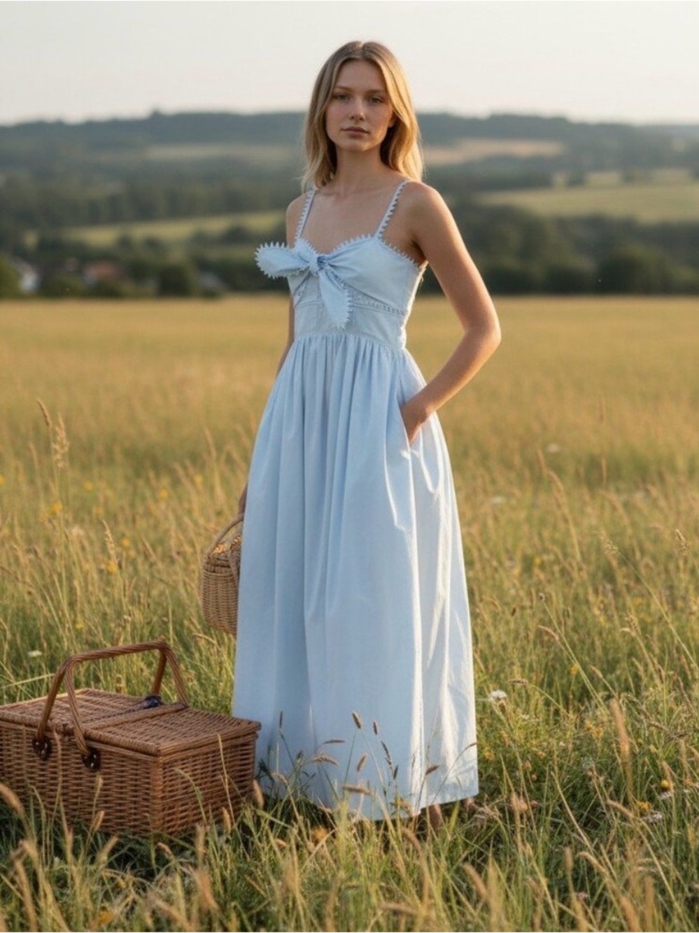 NWT OROTON light blue lace trim dress with bow in front